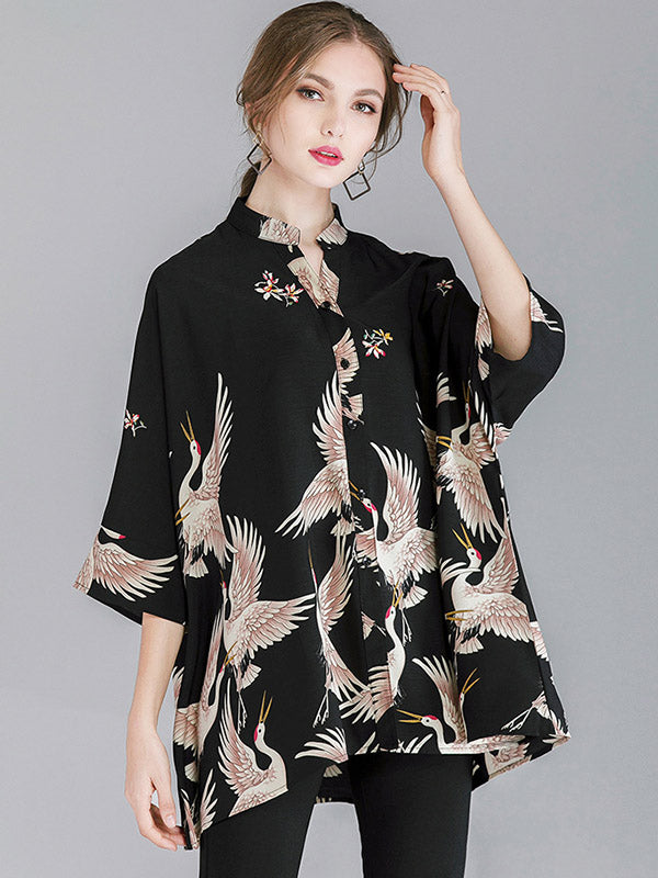 Original Crane Printed Buttoned Stand Collar Half Sleeves Blouse by migunica