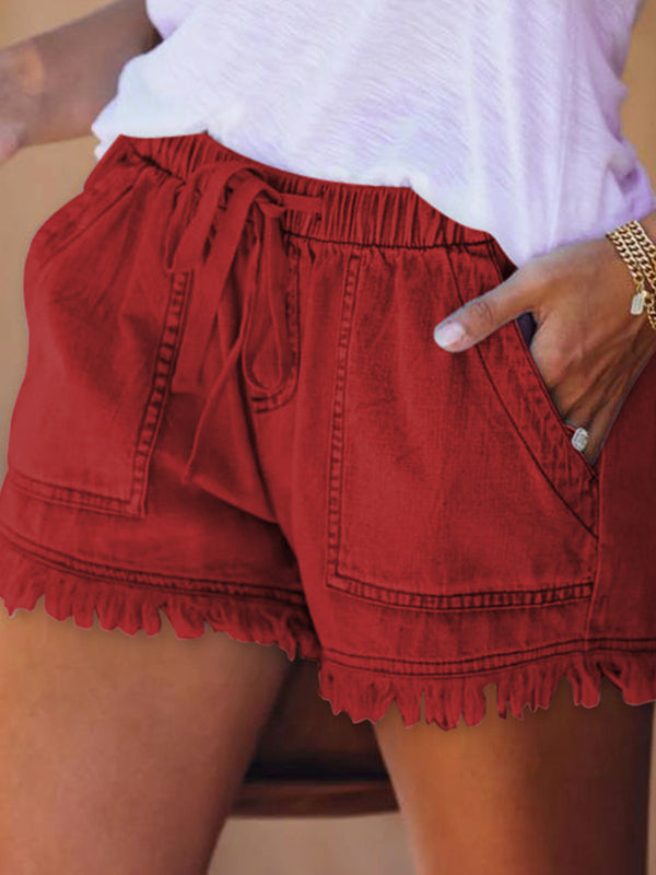 10 Colors Casual Drawstring High Waisted Denim Fringed Shorts by migunica