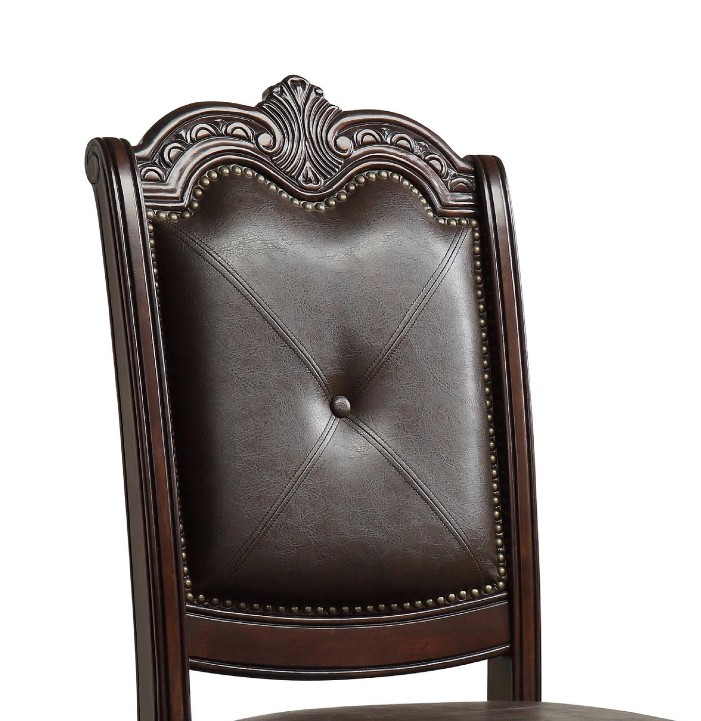 Beautiful Hand Carved Formal Traditional Dining Side Chair with Faux Leather Upholstered Padded Seat and Back Button Tufting Detail Dining Room Solid Wood Furniture Brown Espresso