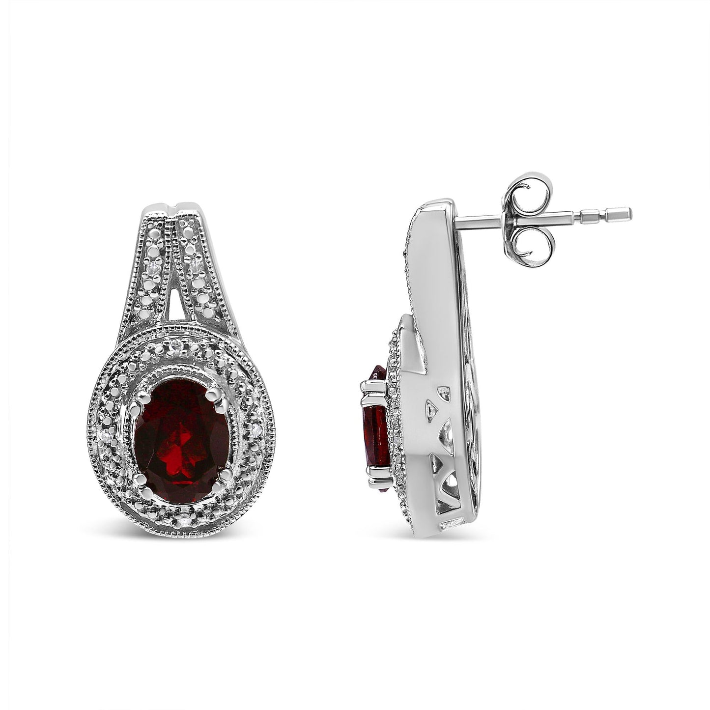 .925 Sterling Silver Diamond Accent and 8x6mm Red Oval Garnet Stud Earrings (I-J Color, I1-I2 Clarity) by Infinite Jewels