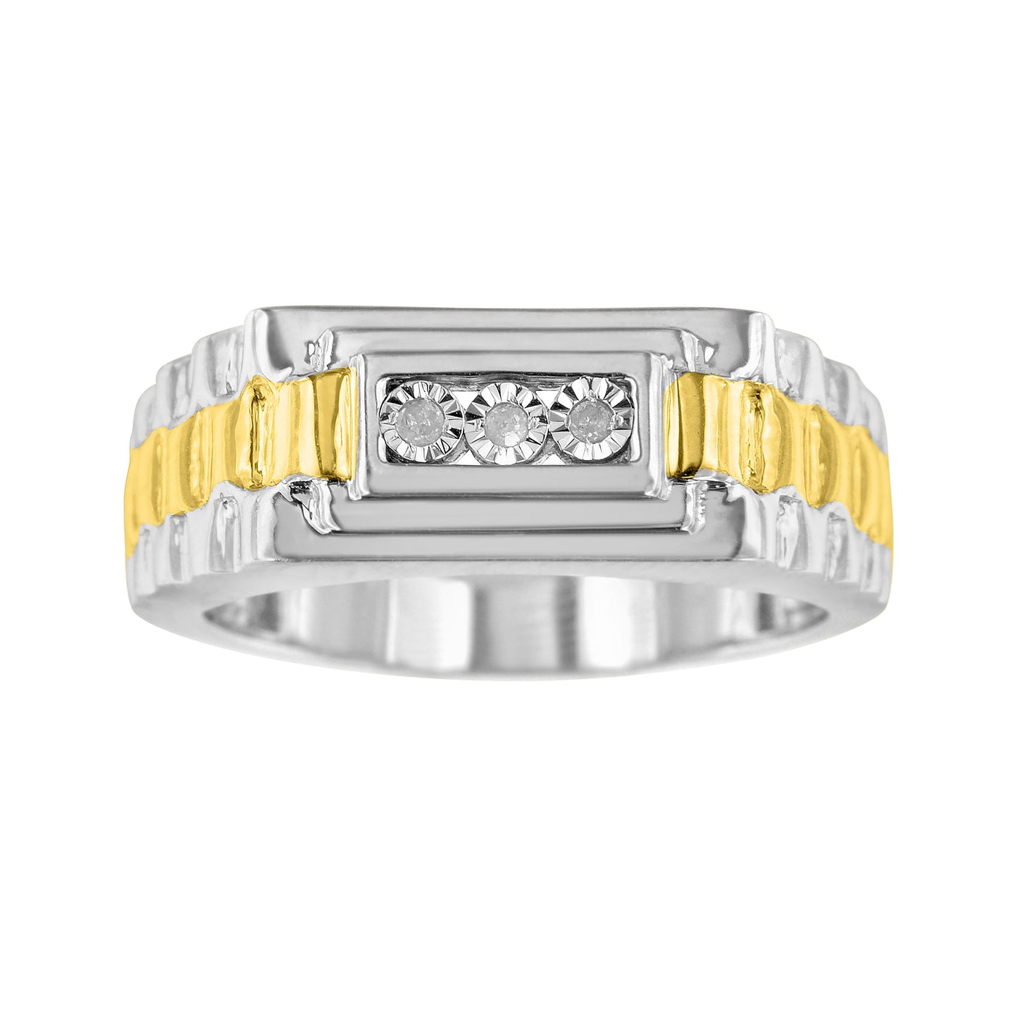 10K Yellow Gold Plated .925 Sterling Silver Diamond Accent Miracle-Set 3 Stone Ridged Band Gentlemen's Fashion Ring (I-J Color, I2-I3 Clarity) by Infinite Jewels