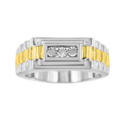 10K Yellow Gold Plated .925 Sterling Silver Diamond Accent Miracle-Set 3 Stone Ridged Band Gentlemen's Fashion Ring (I-J Color, I2-I3 Clarity) by Infinite Jewels