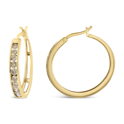 14K Yellow Gold Plated .925 Sterling Silver 1.0 Cttw Channel Set Champagne Diamond Hoop Earrings with Snap Post (K-L Color, I1-I2 Clarity) by Infinite Jewels