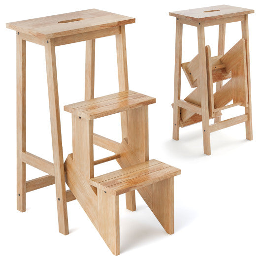 3-in-1 Rubber Wood 3 Tier Folding Step Stool Ladder Storage Shelf-Natural by VYSN