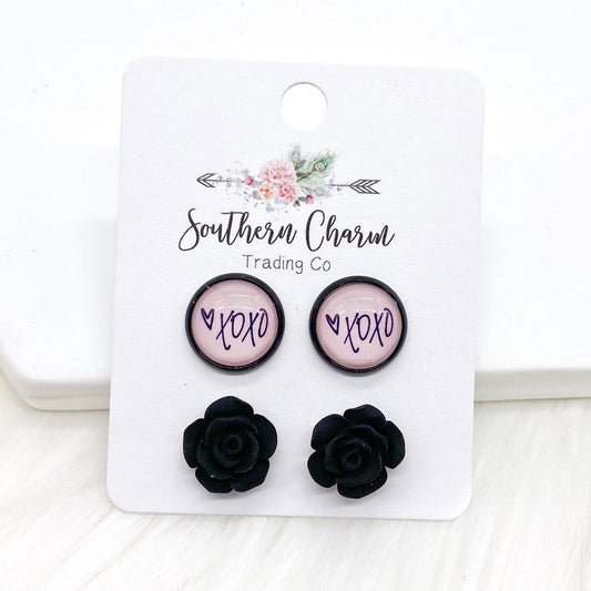 12mm XOXO & Black Roses in Black Settings -Earrings by Doohickies Wholesale