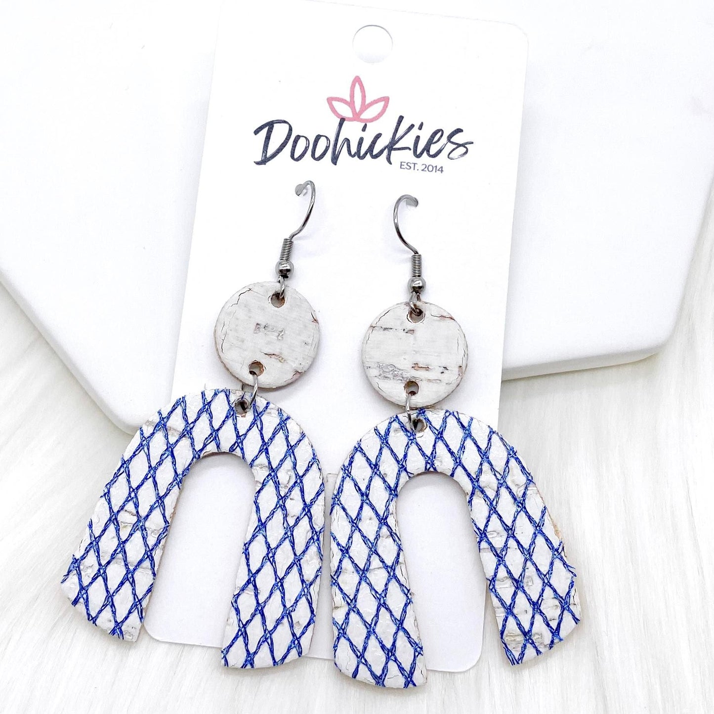 2.5" White & Blue Criss Cross Rainbow Corkies -Earrings by Doohickies Wholesale