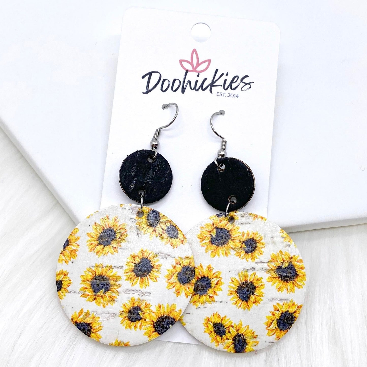 2.5" Black & White Sunflower Piggyback Corkies -Summer Earrings by Doohickies Wholesale