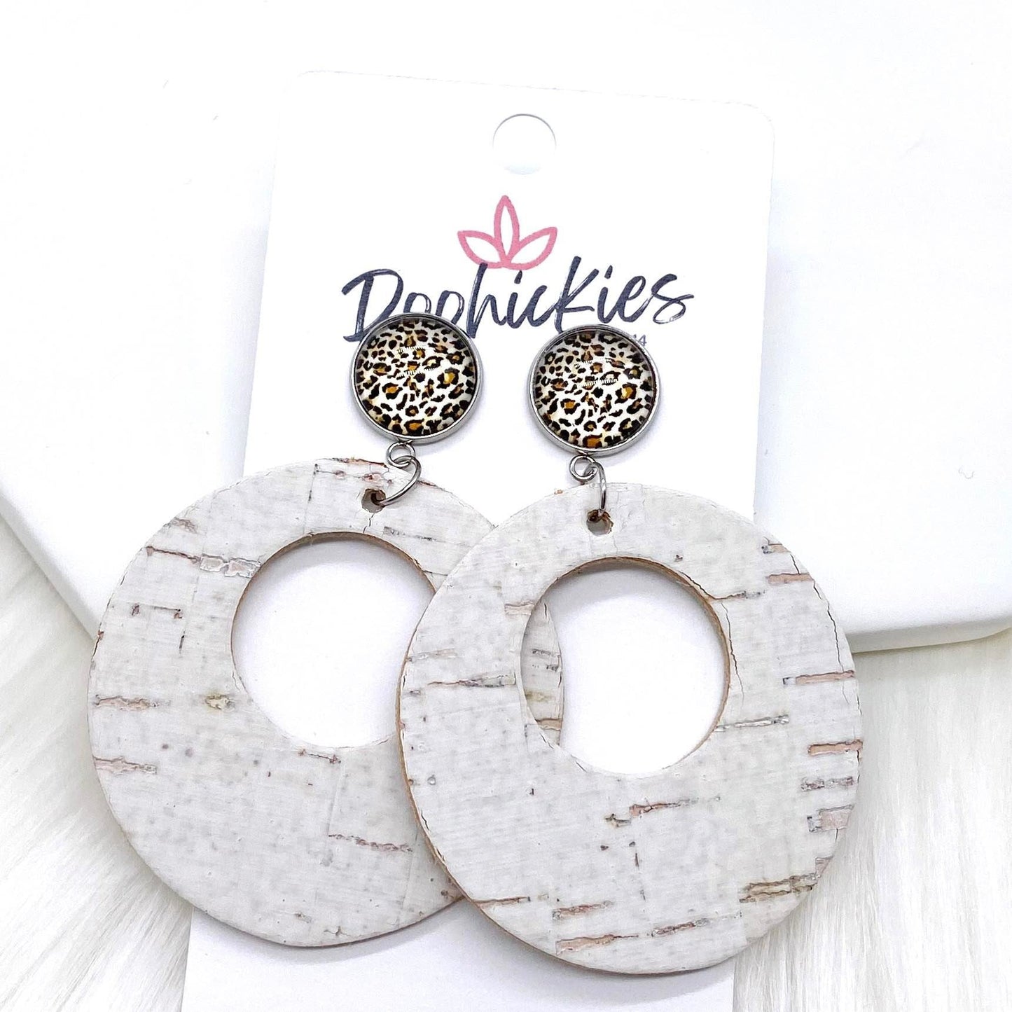 2.5" Tan Leopard & White Double O Dangle Corkies -Earrings by Doohickies Wholesale