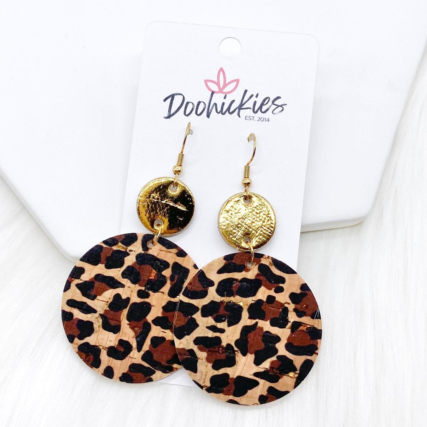 2.5" Gold & Metallic Gold Leopard Piggyback Corkies -Earrings by Doohickies Wholesale