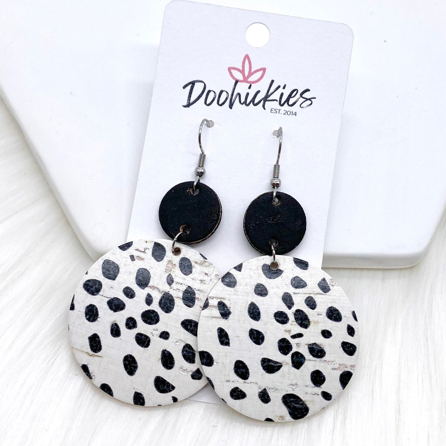 2.5" Black & Dalmatian Piggyback Corkies -Earrings by Doohickies Wholesale