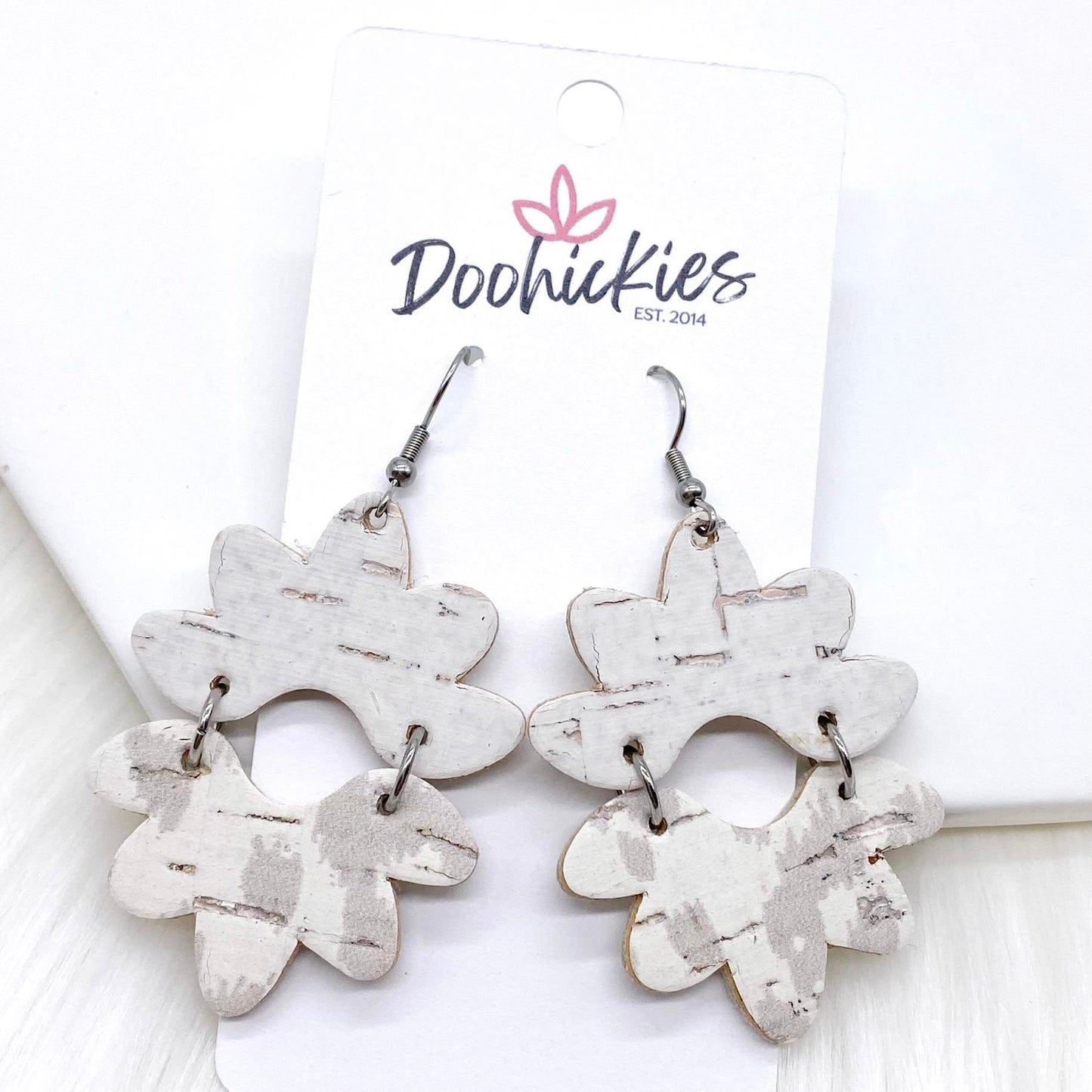 2.5" White & Nude Leopard Blossom Corkies -Earrings by Doohickies Wholesale