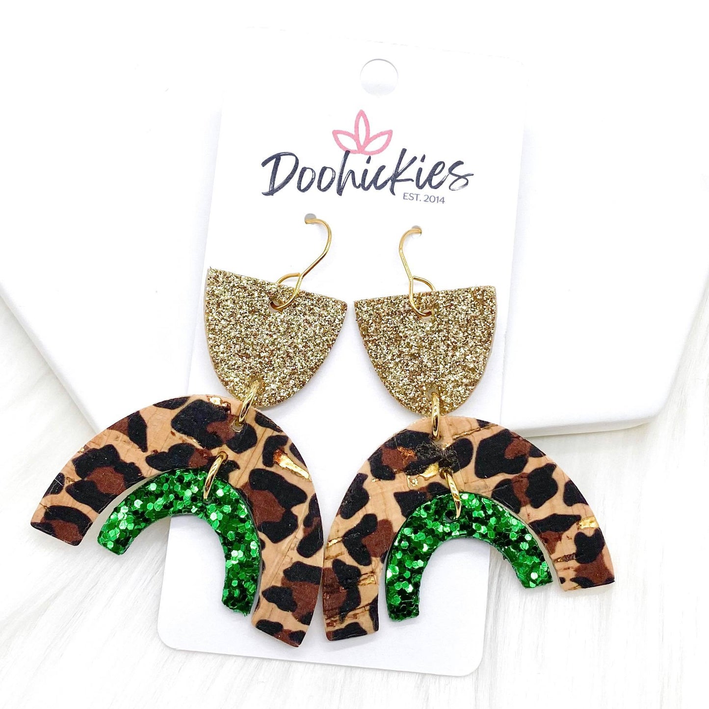 2.5" Fine Gold/Metallic Leopard/Chunky Green Aprils -Earrings by Doohickies Wholesale