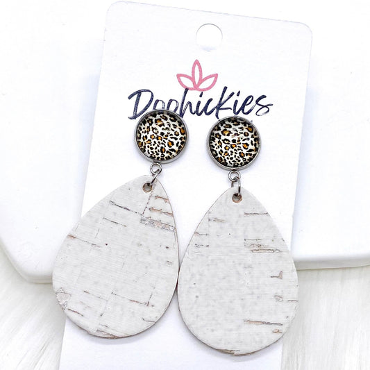 2" Tan Leopard & White Linen Dangle Corkies -Earrings by Doohickies Wholesale