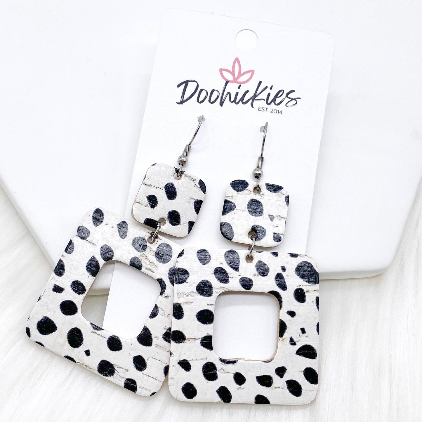 2.5" Dalmatian Square Corkies -Earrings by Doohickies Wholesale