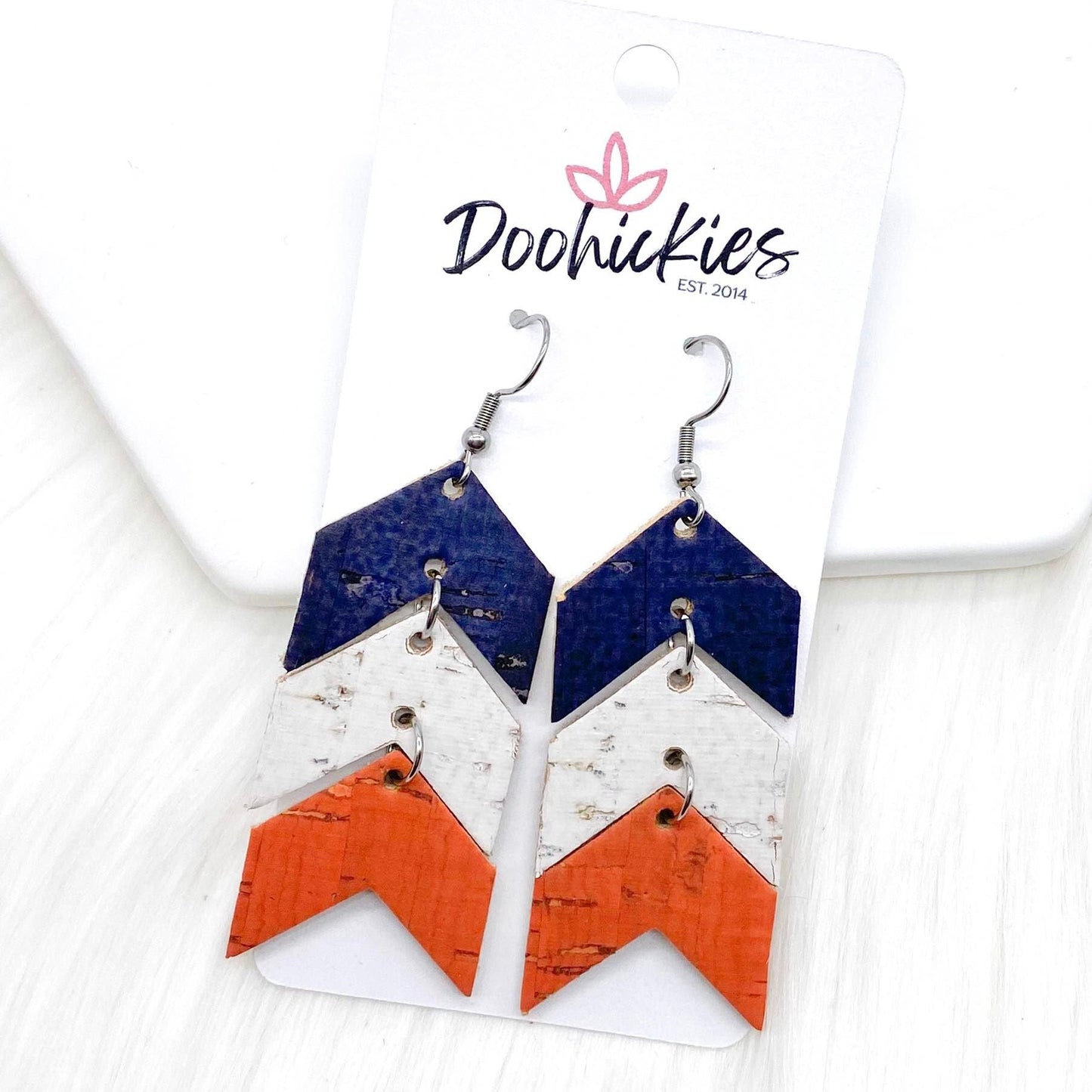 2.5" Navy/White/Bright Coral Linen Mini Arrow Corkies -Summer Earrings by Doohickies Wholesale