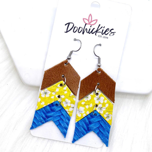 2.5" Tan Riviera/Yellow Floral/Blue Braided Mini Arrows -Earrings by Doohickies Wholesale