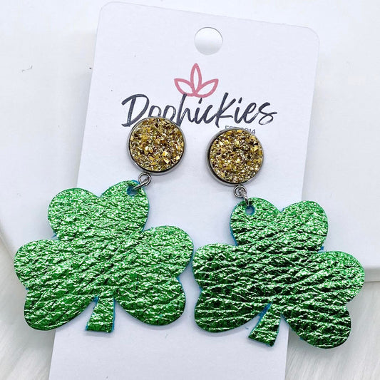 2" Gold & Metallic Green Shamrock Dangles (Leather) -Earrings by Doohickies Wholesale