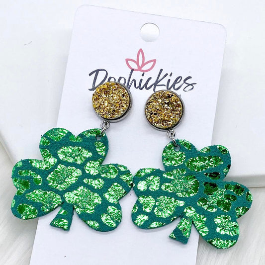 2" Gold & Metallic Green Leopard Shamrock Dangles -Earrings by Doohickies Wholesale