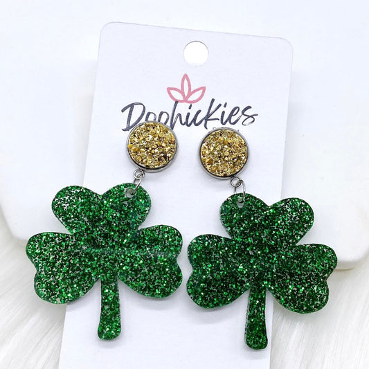 2" Gold Sparkles & Green Glitter Shamrock Acrylic Dangles - Earrings by Doohickies Wholesale