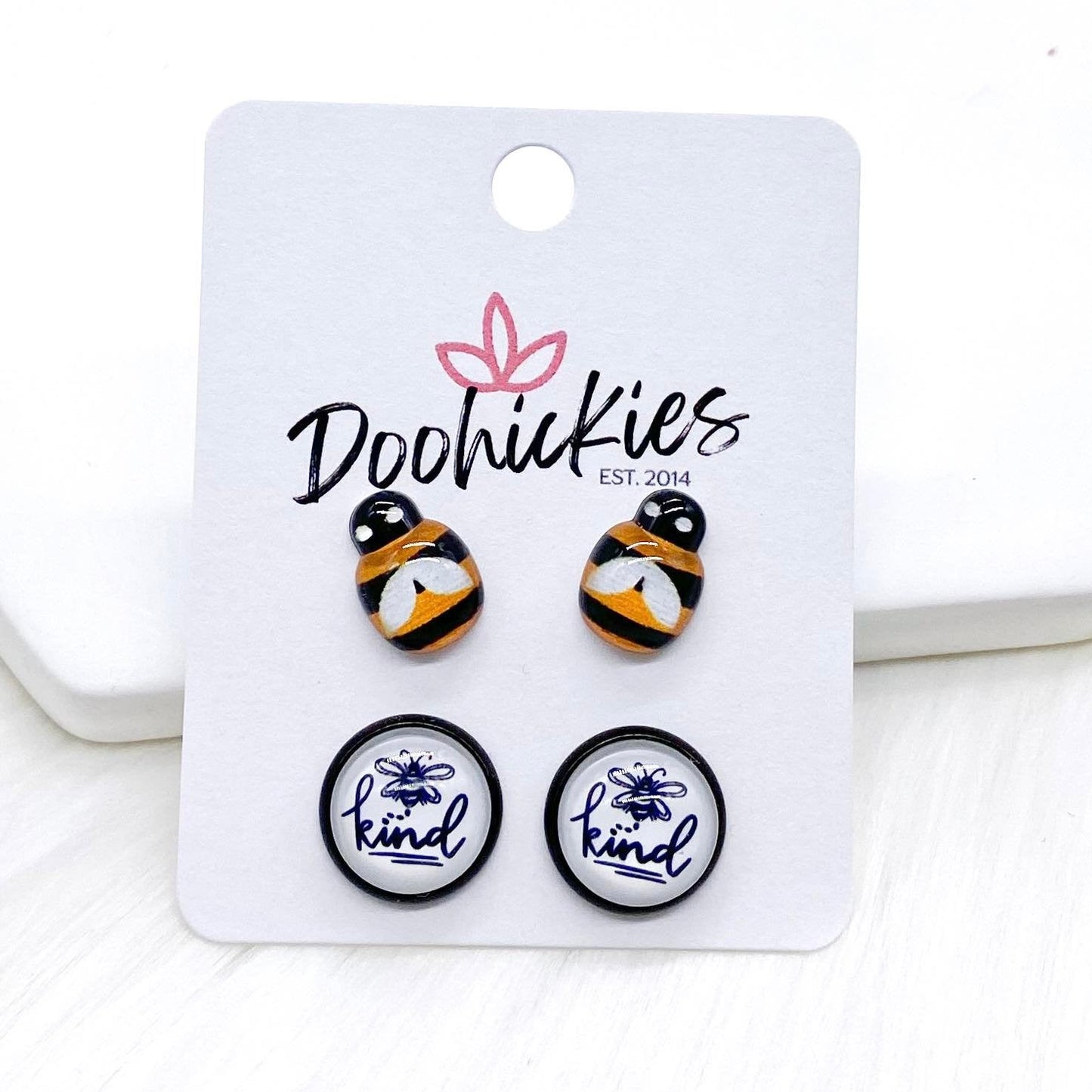 12mm Bees & Bee Kind in Black Settings -Summer Earrings by Doohickies Wholesale