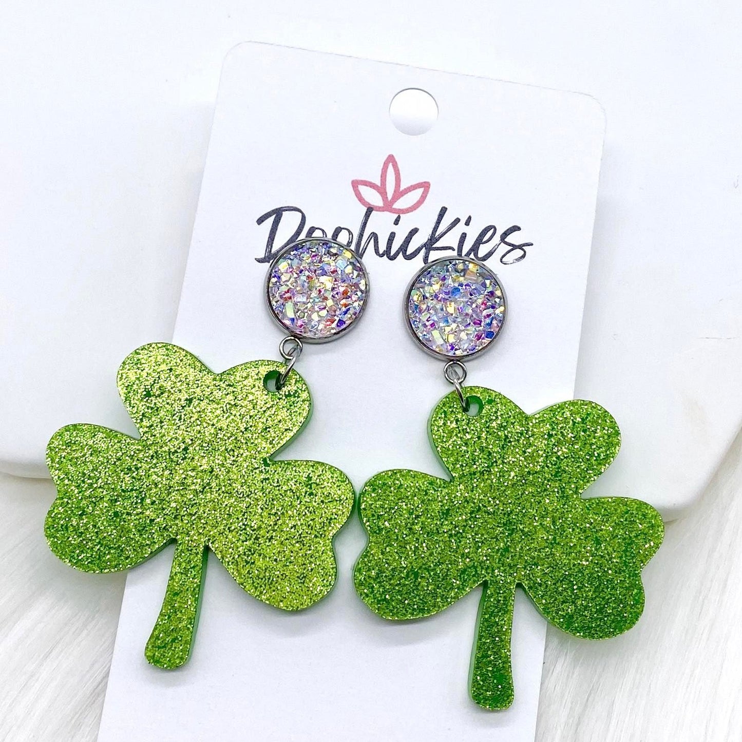 2" Crystals & Shamrock Green Glitter Shamrock Acrylic Dangles - Earrings by Doohickies Wholesale