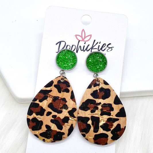 2" Green & Metallic Leopard Dangle Corkies -Earrings by Doohickies Wholesale