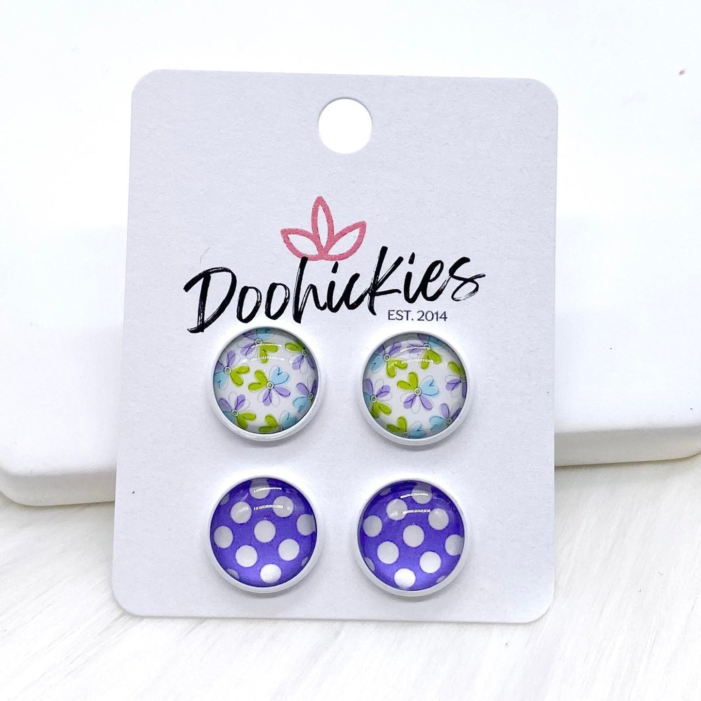 12mm Purple/Pear Green Flowers & Purple Polka Dots in White Settings -Earrings by Doohickies Wholesale