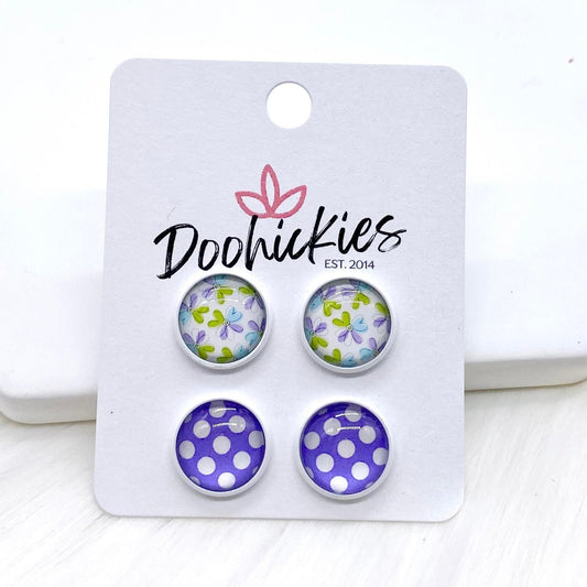 12mm Purple/Pear Green Flowers & Purple Polka Dots in White Settings -Earrings by Doohickies Wholesale