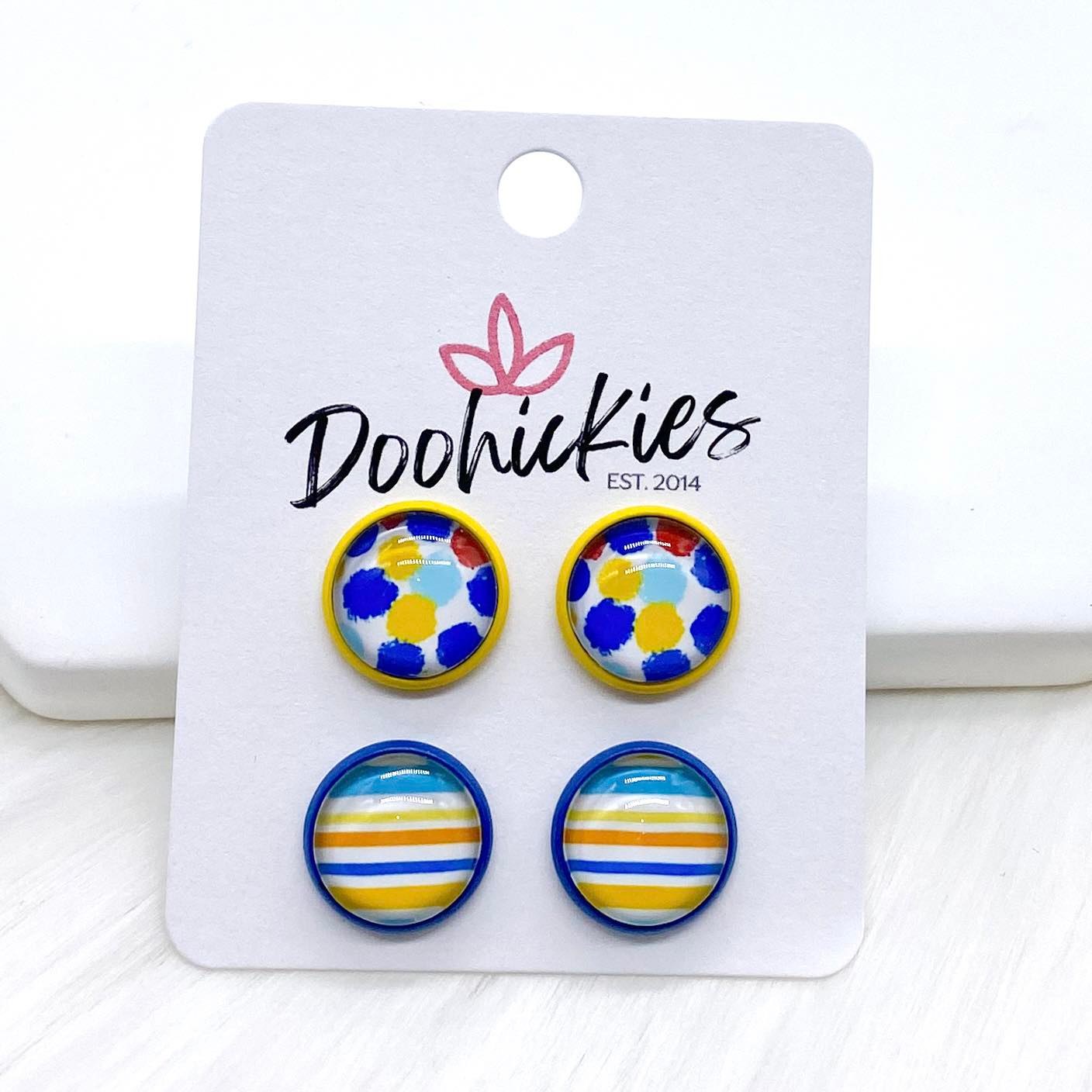 12mm Blue/Yellow Dots & Lines in Yellow/Blue Settings -Earrings by Doohickies Wholesale