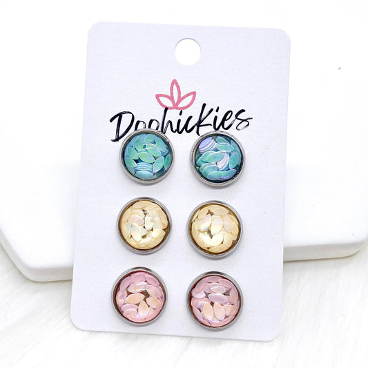 12mm Blue/Cream/Pink Petals in Stainless Steel Settings -Earrings by Doohickies Wholesale