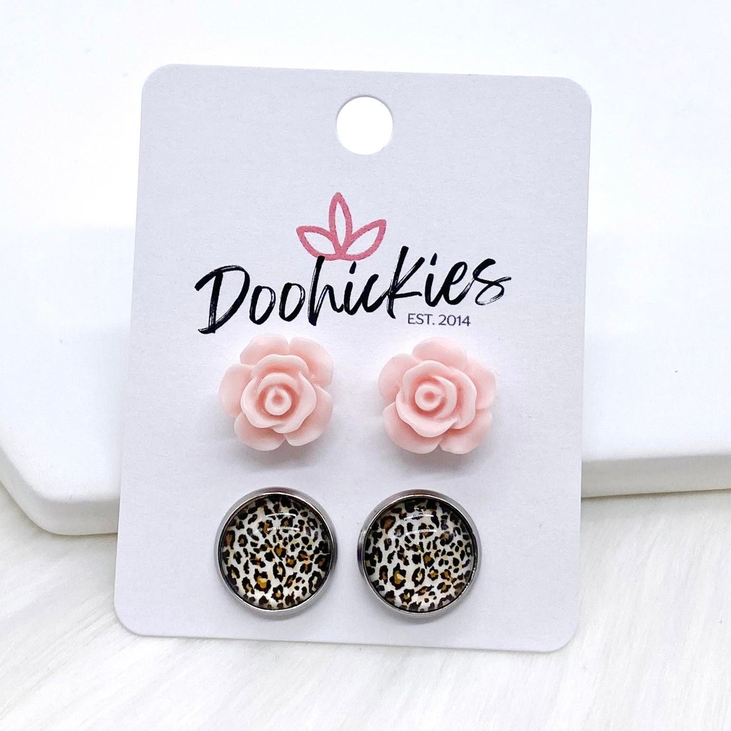 12mm Pink Roses & Tan Leopard in Stainless Steel Settings -Earrings by Doohickies Wholesale