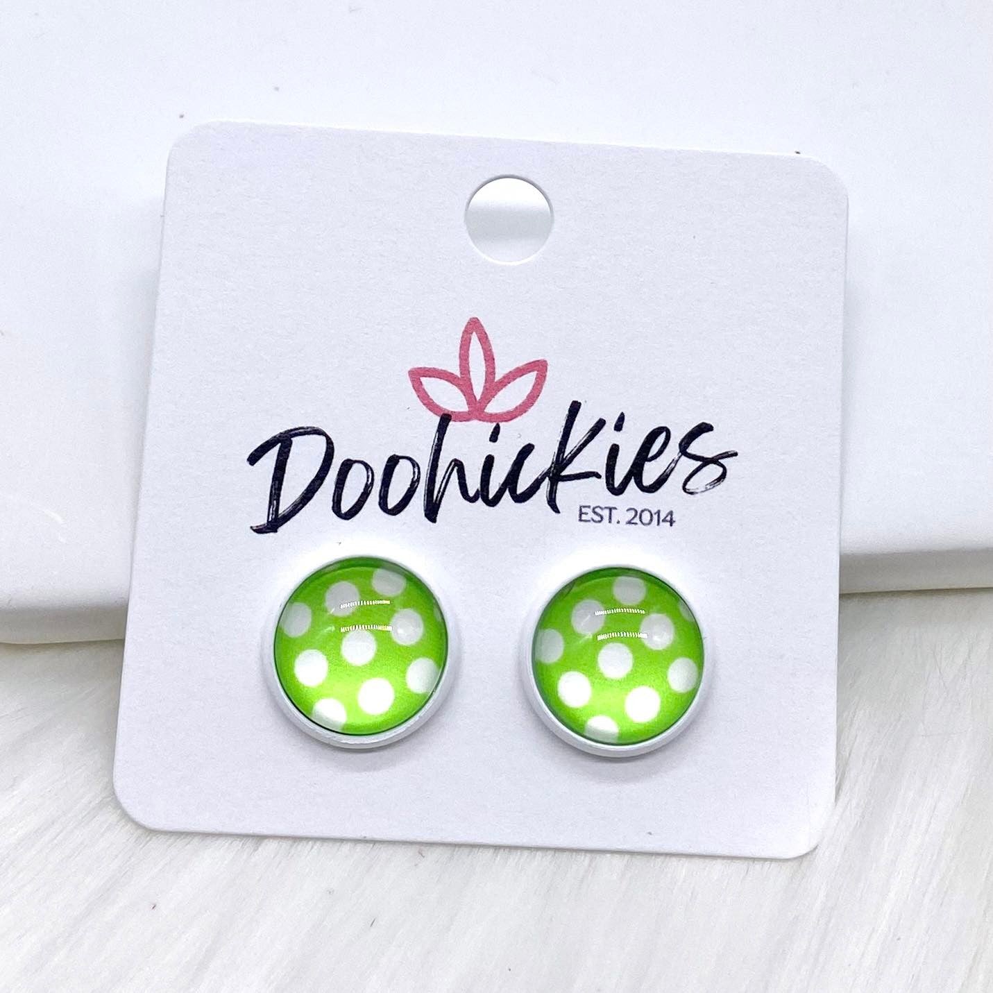 12mm Bright Polka Dots in White Settings -Summer Earrings by Doohickies Wholesale