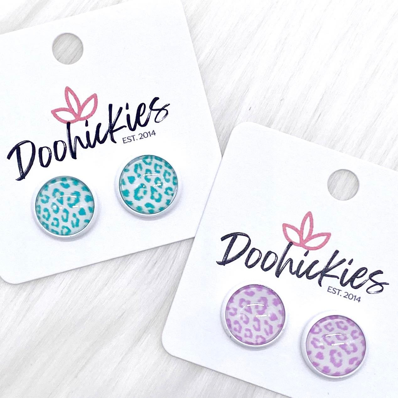 12mm Pastel Leopard Singles in White Settings -Earrings by Doohickies Wholesale