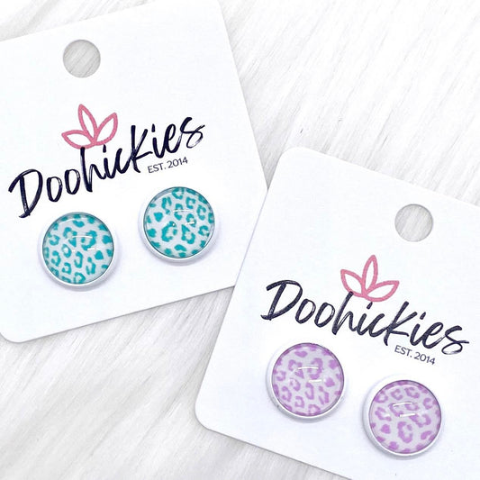 12mm Pastel Leopard Singles in White Settings -Earrings by Doohickies Wholesale