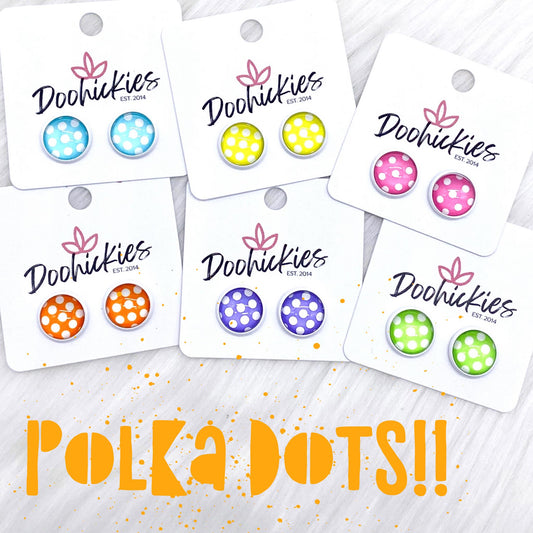 12mm Bright Polka Dots in White Settings -Summer Earrings by Doohickies Wholesale