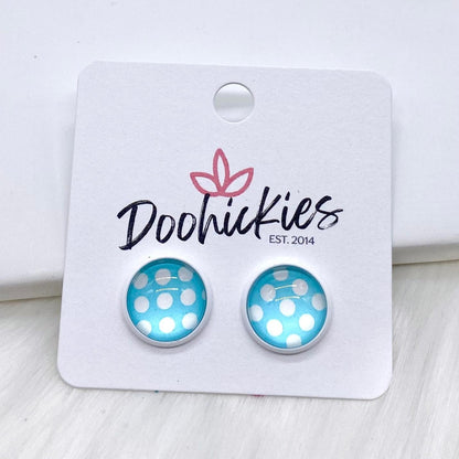 12mm Bright Polka Dots in White Settings -Summer Earrings by Doohickies Wholesale