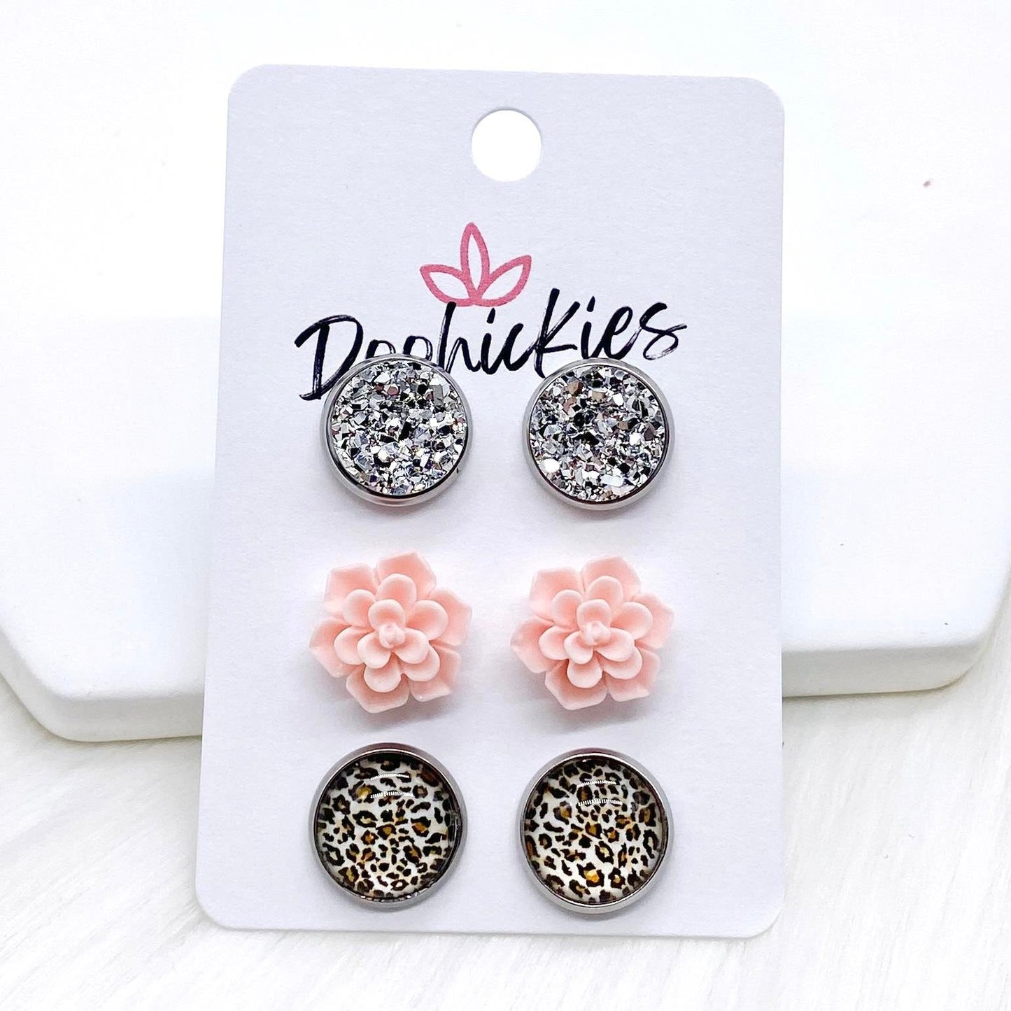 12mm Silver/Pink Succulents/Tan Leopard in Stainless Steel Settings -Earrings by Doohickies Wholesale