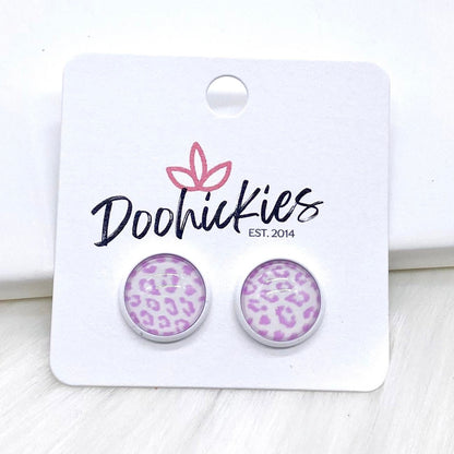 12mm Pastel Leopard Singles in White Settings -Earrings by Doohickies Wholesale