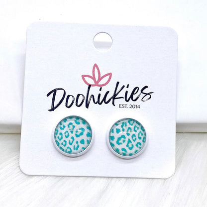 12mm Pastel Leopard Singles in White Settings -Earrings by Doohickies Wholesale