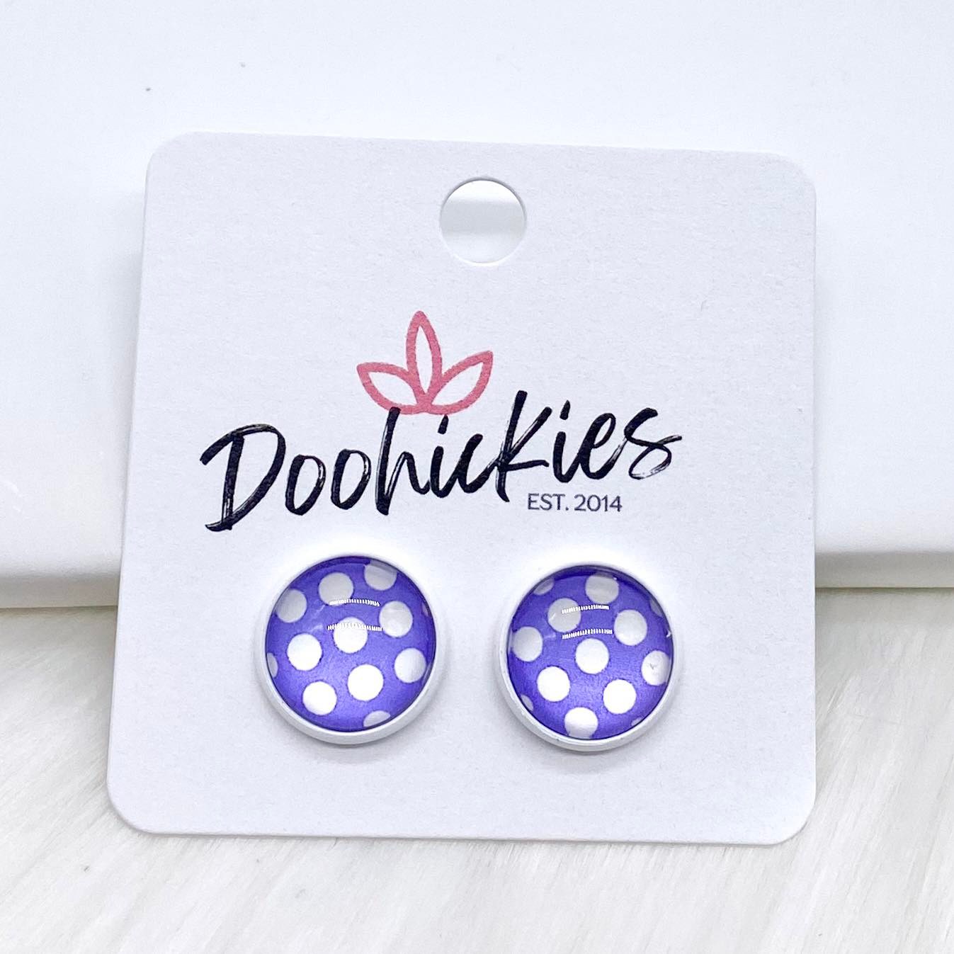 12mm Bright Polka Dots in White Settings -Summer Earrings by Doohickies Wholesale