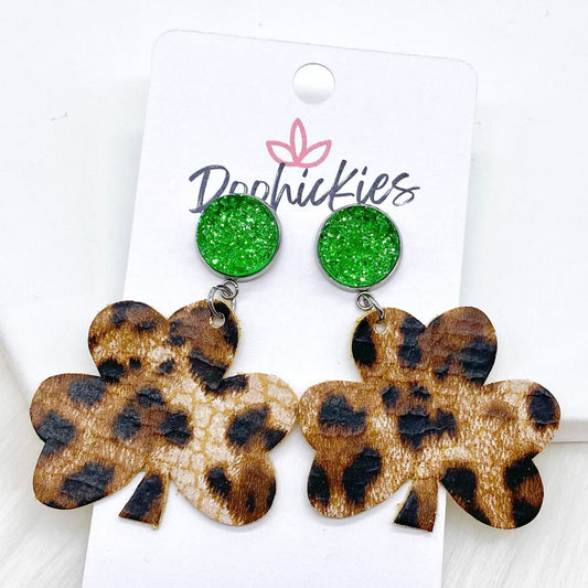 2" Green & Leopard Shamrock Leather Dangles -Earrings by Doohickies Wholesale