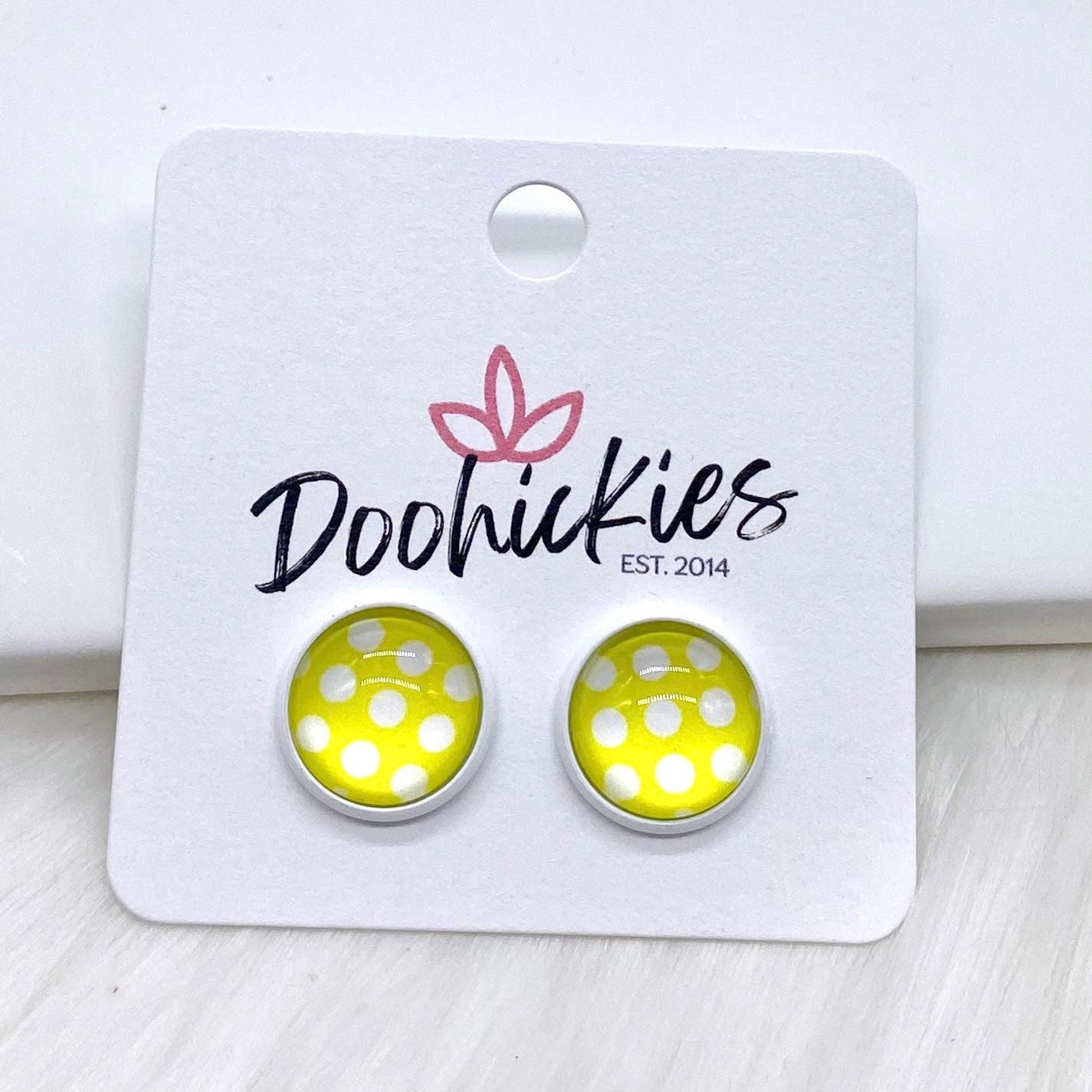 12mm Bright Polka Dots in White Settings -Summer Earrings by Doohickies Wholesale