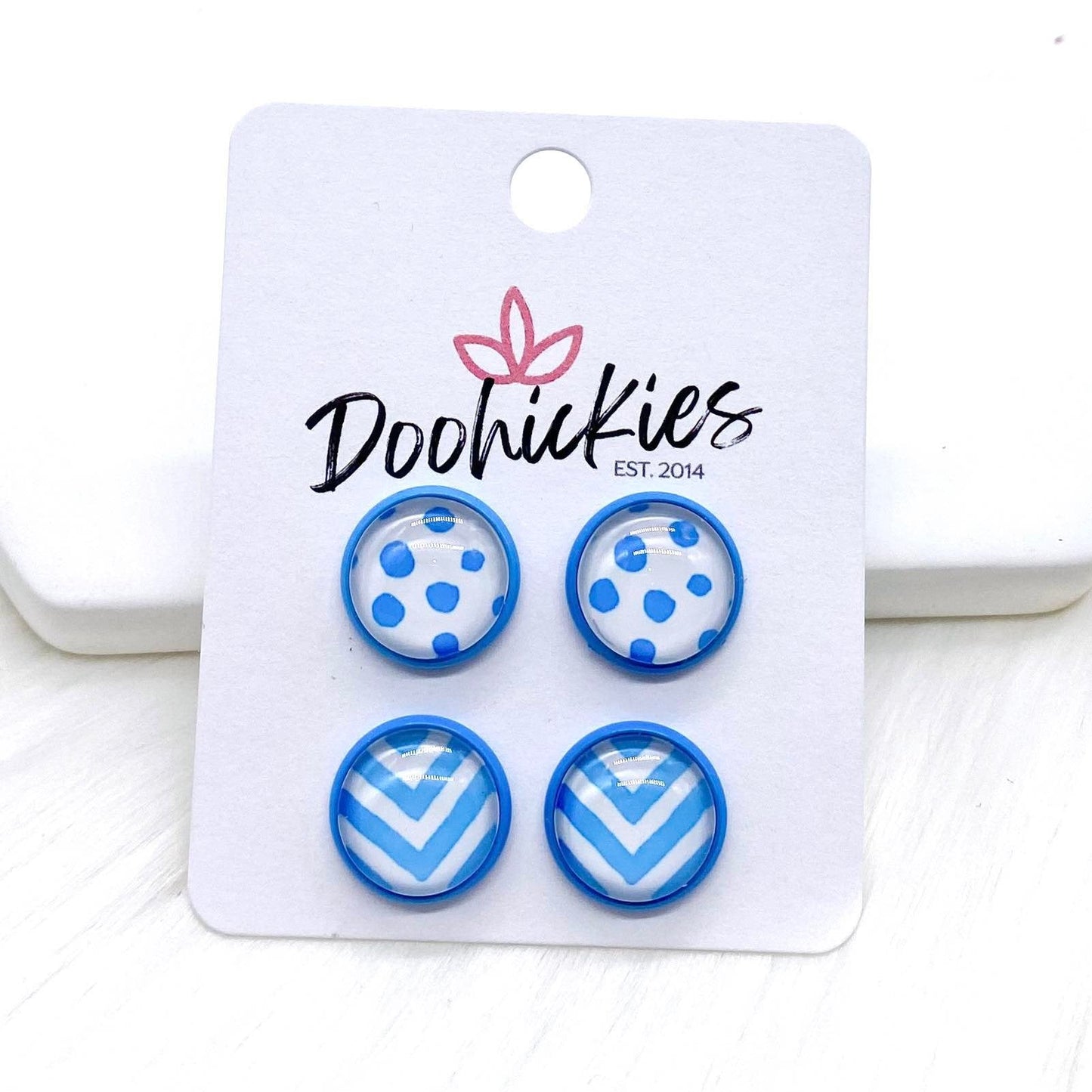 12mm Light Blue Doodle Dots & Chevrons in Light Blue Settings -Earrings by Doohickies Wholesale