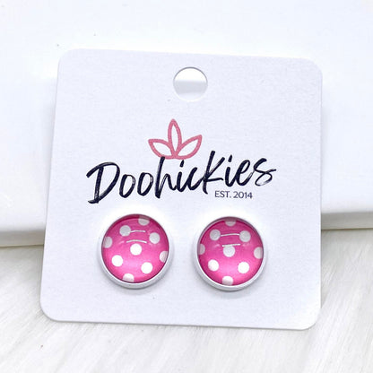 12mm Bright Polka Dots in White Settings -Summer Earrings by Doohickies Wholesale