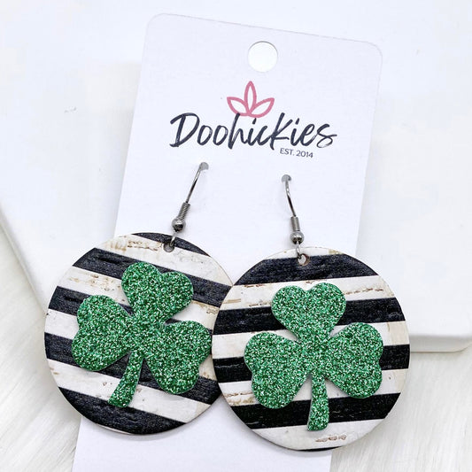 2" Green Glitter 3-D Shamrocks on Solid Lines Circles -Earrings by Doohickies Wholesale