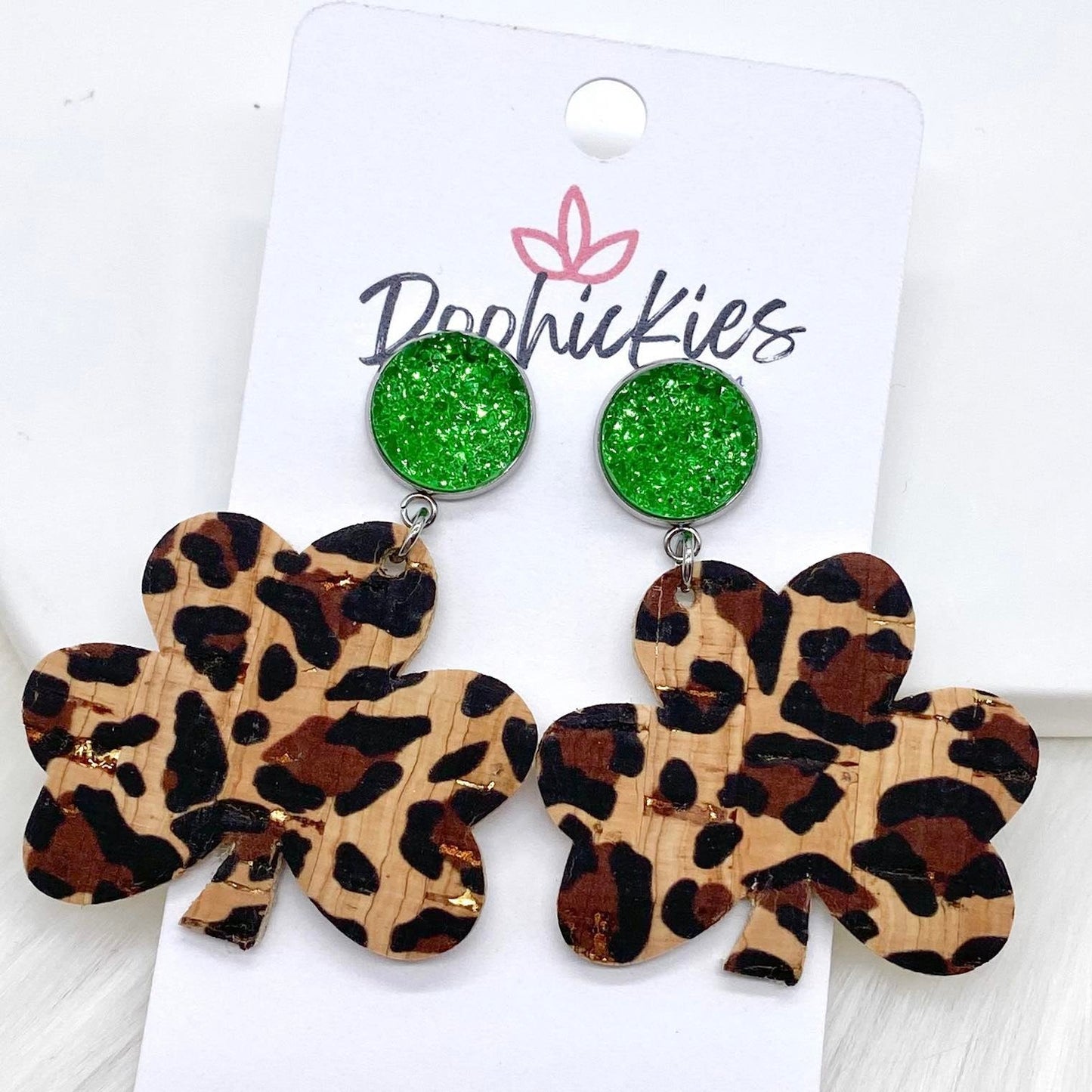 2" Green & Metallic Leopard Cork Shamrock Dangles -Earrings by Doohickies Wholesale