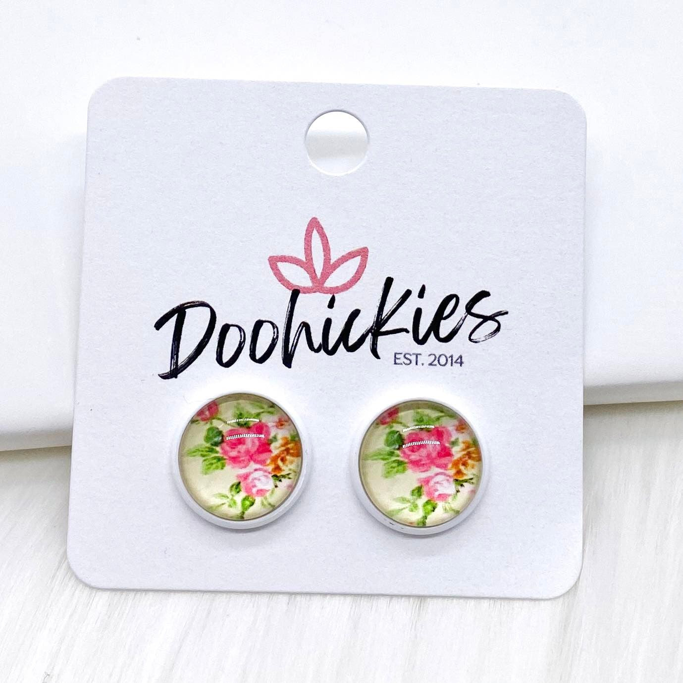 12mm Mint Floral in White Settings -Earrings by Doohickies Wholesale