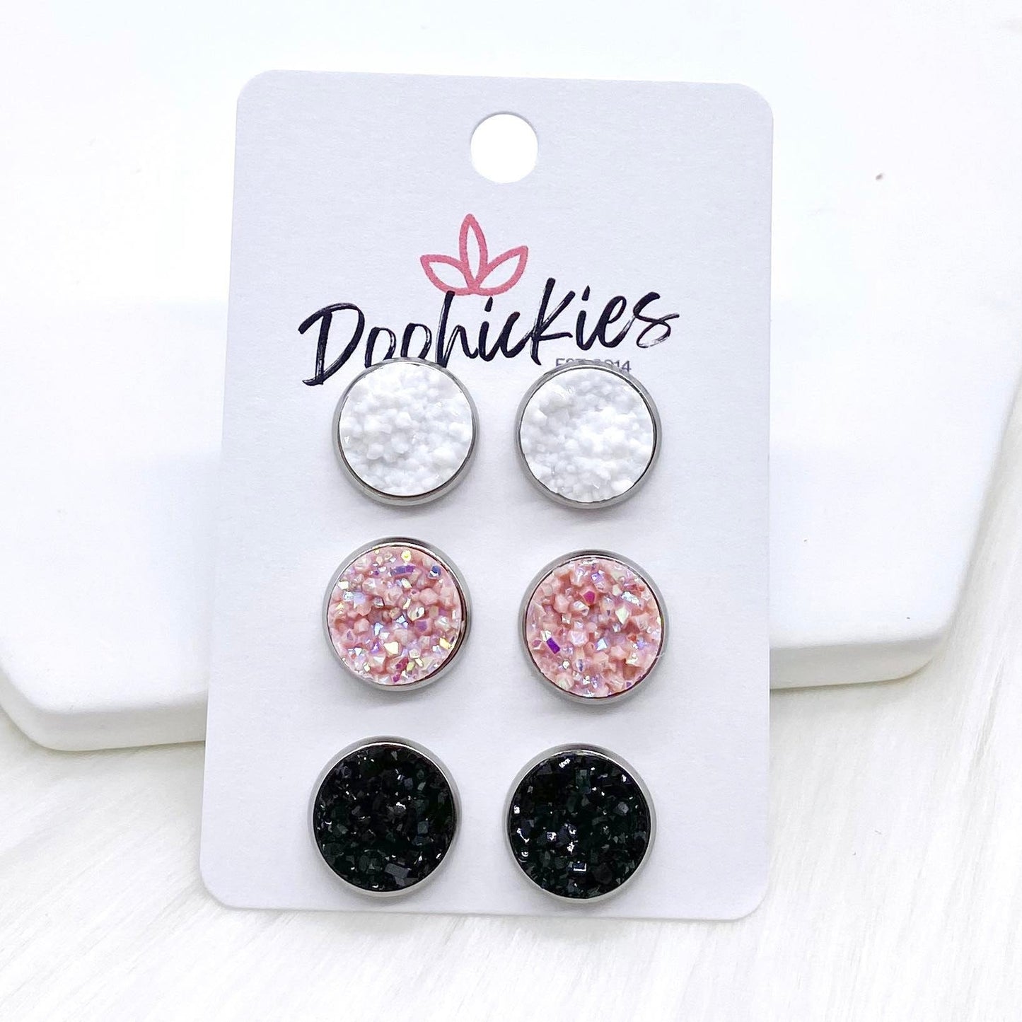 12mm White/Blush/Black in Stainless Steel Settings -Earrings by Doohickies Wholesale