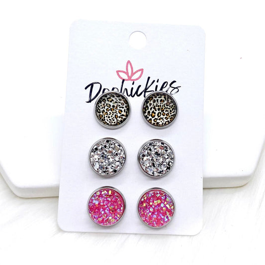 12mm Tan Leopard/Silver/Medium Pink in Stainless Steel by Doohickies Wholesale