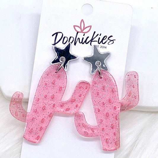 2.25" Glitzy Pink Cactus Acrylic Dangles -Earrings by Doohickies Wholesale